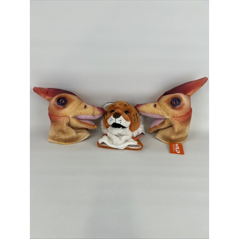 3 Wild Republic Plush Hand Puppets Interactive Sounds Pterosaurs Tiger NWT